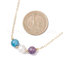 Natural Cultured Freshwater Pearl & Natural Amethyst & Apatite Round Beaded Pendant Brass Cable Chain Necklaces for Women&nbsp;NJEW-JN05686