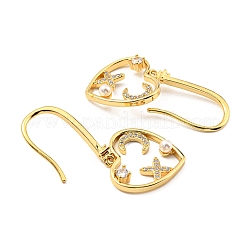 Cubic Zirconia Heart with Star Dangle Earrings with Plastic Pearl Beaded&nbsp;KK-C026-15G