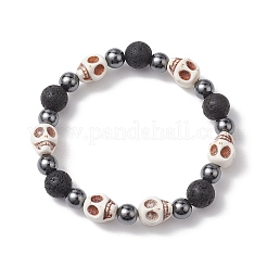 2Pcs Halloween Skull Synthetic Turquoise & Round Lava Rock & Synthetic Non-Magnetic Hematite Beaded Stretch Bracelet Sets for Women&nbsp;BJEW-JB10656
