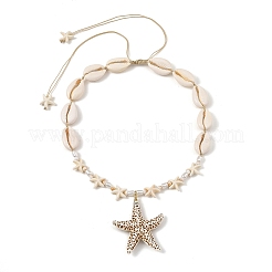Summer Beach Adjustable Acrylic Starfish Pendant Natural Cowrie Shell & Synthetical Turquoise & Imitation Pearl Beaded Braided Necklaces for Women&nbsp;NJEW-JN06374