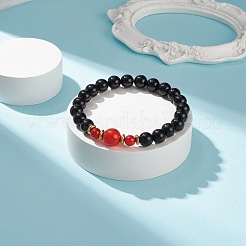 Natural Red Agate Carnelian(Dyed & Heated) & Black Onyx Round Beaded Stretch Bracelet&nbsp;BJEW-JB08642