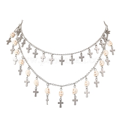 Halloween 304 Stainless Steel Curb Chain Dyed Synthetic Turquoise Skull Cross Tassel Necklaces Sets&nbsp;NJEW-JN05370