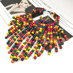 Bohemian Style Wood Round Beaded Pendant Necklaces & Dangle Earrings Sets&nbsp;FS-WG26D1A-01