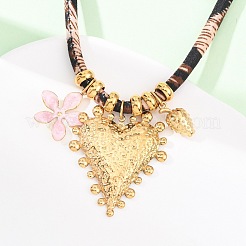 304 Stainless Steel Enamel Pink Flower Heart Pendant Leopard Print Polyester Cord Necklaces for Women&nbsp;NJEW-F352-04G