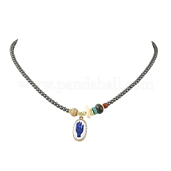 Printed 304 Stainless Steel Oval with Hand Pendant Synthetic Non-magnetic Hematite Round Beaded Necklaces&nbsp;NJEW-JN06690