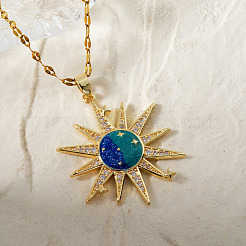 Brass Shiny Clear Cubic Zirconia & Blue Enamel Pendant Necklaces for Women&nbsp;JZ5405-2