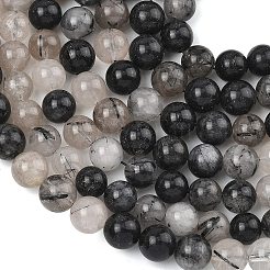 Natural Tourmalinated Quartz/Black Rutilated Quartz Beads Strands&nbsp;G-D361-01A-8-9mm