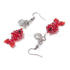 Fish with Shell Shape 304 Stainless Steel Glass Beads Dangle Earrings&nbsp;EJEW-MZ00436-02