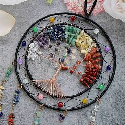 7 Chakra Natural Mixed Stone Chips Tree of Life Woven Net/Web with Feather Hanging Ornaments&nbsp;HJEW-A013-05