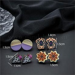 Halloween Spider Ghost Spider Web Wood Stud Earring Sets&nbsp;EJEW-OY002-02