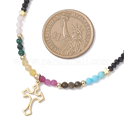 2Pcs 2 Colors 304 Stainless Steel Cross Pendant Natural Ruby & Golden Sheen Obsidian & Rose Quartz & Malachite & Yellow Opal Round & Electroplated Glass Rondelle Beaded Necklaces for Women&nbsp;NJEW-JN05611