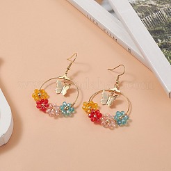 Glass Beaded Flower & Brass Butterfly Dangle Earrings&nbsp;EJEW-JE05218-02