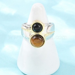 Natural Black Agate & Natural Tiger Eye with Brass Cuff Open Rings&nbsp;RJEW-B163-01GP-02