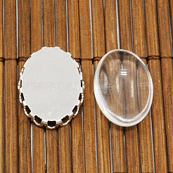 Brass Cabochon Settings and Oval Transparent Clear Glass Cabochons for DIY Jewelry Making&nbsp;KK-MSMC015-14S-RS
