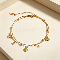 Summer Beach 304 Stainless Steel Shell Shape Charm 2-Strand Anklets for Women&nbsp;WGA5262-01