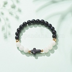 Natural White Jade & Synthetic Turquoise(Dyed) Stretch Bracelet with Cross&nbsp;BJEW-JB08295-01