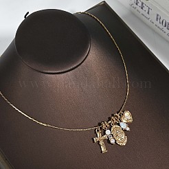 Bohemian Brass Micro Pave Clear Cubic Zirconia & Imitation Pearl & Opalite Cross Heart Oval Pendant Square Snake Chain Necklaces&nbsp;WGC9CA1-01