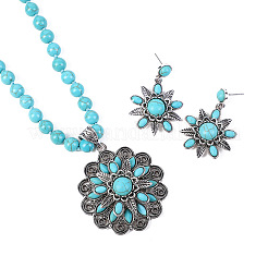 Flower Synthetic Turquoise with Alloy Pendant Necklaces & Stud Dangle Earrings Sets&nbsp;WG550B3-01