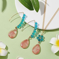 Glass & Synthetic Cherry Quartz Glass Teardrop Jewelry Set&nbsp;SJEW-JS01292