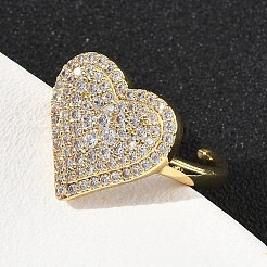 Heart Brass Micro Pave Cubic Zirconia Cuff Rings for Women&nbsp;RJEW-A069-12G-02