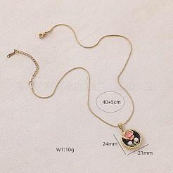 316 Surgical Stainless Steel Enamel with Imitation Pearl Flat Round with Flower Pendant Necklaces for Women&nbsp;JA3265