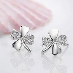 Real Platinum Plated Brass Four Leaf Clover Stud Earrings&nbsp;EJEW-EE0001-231