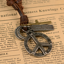Peace Sign & Rectangle with Word & Cross Adjustable Leather Alloy Pendant Necklaces&nbsp;NJEW-K032-AS