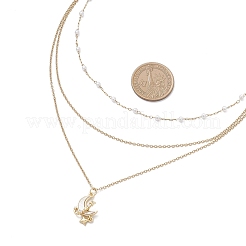 Brass Pave Clear Cubic Zirconia Pendant 304 Stainless Steel & Imitaiton Pearl Link Chain 3 Layer Necklaces for Women&nbsp;NJEW-JN05472-02