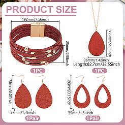 Teardrop PU Leather & Zinc Alloy Pendant Necklaces & Dangle Earrings & Bracelets Set for Women&nbsp;SJEW-WH0008-13G