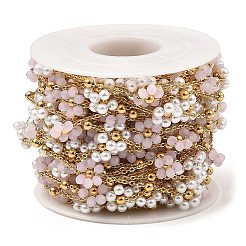 Glass & ABS Plastic Pearl Beaded Flower Link Chains&nbsp;CHS-G028-12G