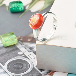 Flower Flat Round Millefiori Glass Adjustable Ring&nbsp;RJEW-JR00407