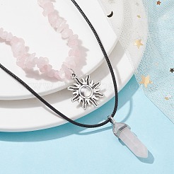 2Pcs 2 Style Natural Rose Quartz Bullet & Alloy Sun Pendant Necklaces Set&nbsp;NJEW-JN04514-04