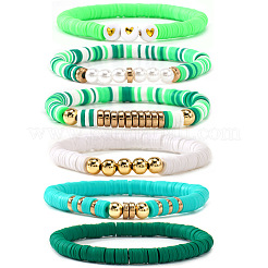 Polymer Clay Heishi Beaded Stretch Bracelets with Brass Beads for Daily Wear and Casual Style&nbsp;JO6865-1