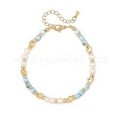 Natural Larimar Faceted Cube and Pearl Beaded Bracelets with Brass Beads for Women&nbsp;BJEW-JB14475-01