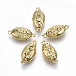 Brass Micro Pave Cubic Zirconia Links Connectors, Cadmium Free & Lead Free, Cowrie Shell Shape, Colorful, Golden, 20.5x10x7mm, Hole: 1.5mm