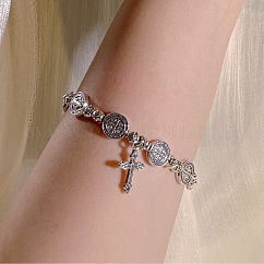 Alloy Charm Bracelets, Beaded Stretch Bracelets for Women Men, Flat Round with St Benedict & Cross, Antique Silver, 7.09 inch(18cm)