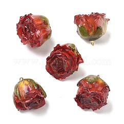 Brass Epoxy Resin Pendants, Inner Dried Flower Pendants, Rose Flower Charm, with Golden Loop, Red, 19~27x21~27x19~28.5mm, Hole: 1.6mm