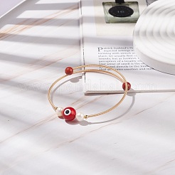 Natural Red Jasper & Evil Eye Lampwork & Natural Pearl Beaded Bangle&nbsp;BJEW-JB08463-02
