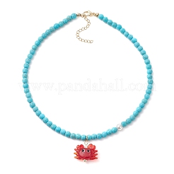 Summer Beach Handmade Lampwork Red Crab Pendant Synthetic Turquoise Round Beaded Nekclaces&nbsp;NJEW-JN05916