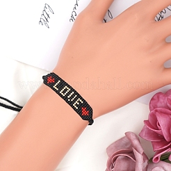 Glass Seed Wide Band With Word Love Heart Friendship Link Bracelet for Women&nbsp;BJEW-P269-12