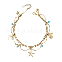 Ocean Synthetic Turquoise Beads & Alloy Starfish Shell Shape Charm Anklets with 304 Stainless Steel Cable Chain Tassel for Women&nbsp;AJEW-TA00069