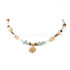Ocean 304 Stainless Steel Sun Pendant Chip Natural Larimar and Coconut Beaded Necklaces for Women&nbsp;NJEW-JN06660