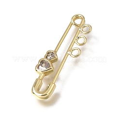 Heart Brass Micro Pave Clear Cubic Zirconia Safety Pin Brooch Findings&nbsp;KK-C262-24G