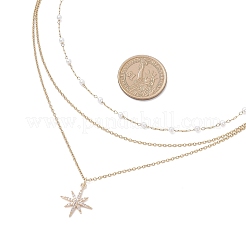 Brass Pave Clear Cubic Zirconia Pendant 304 Stainless Steel & Imitaiton Pearl Link Chain 3 Layer Necklaces for Women&nbsp;NJEW-JN05472-04