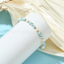 Natural Larimar Faceted Cube and Natural Cultured Freshwater Pearl Beaded Bracelets with Brass Round Beads&nbsp;BJEW-JB14416