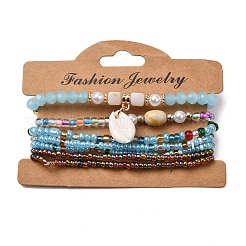 Bohemian Resin & Alloy & Glass Beads & Shell & Plastic Pearls Beaded Stretch Bracelets&nbsp;BJEW-Z169-01B