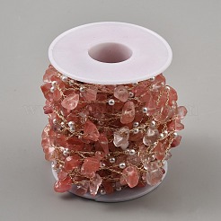 Dyed Light Coral Natural Rose Quartz Nuggets & ABS Plastic Pearl Beaded Chains&nbsp;CHC-CJC0004-01KCG