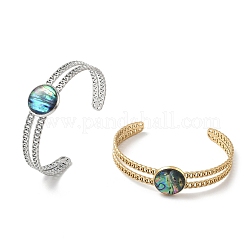 2Pcs 2 Colors Natural Abalone Shell Paua Shell 304 Stainless Steel Open Cuff Bangle Sets with Enamel&nbsp;BJEW-JB14486-01