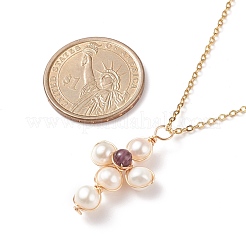 Natural Gemstone & Pearl Braided Cross Pendant Necklace&nbsp;NJEW-JN03920