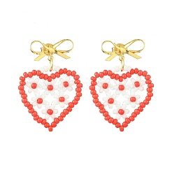 Heart Handmade Glass Seed Beads Dangle Stud Earrings&nbsp;EJEW-MZ00369-01